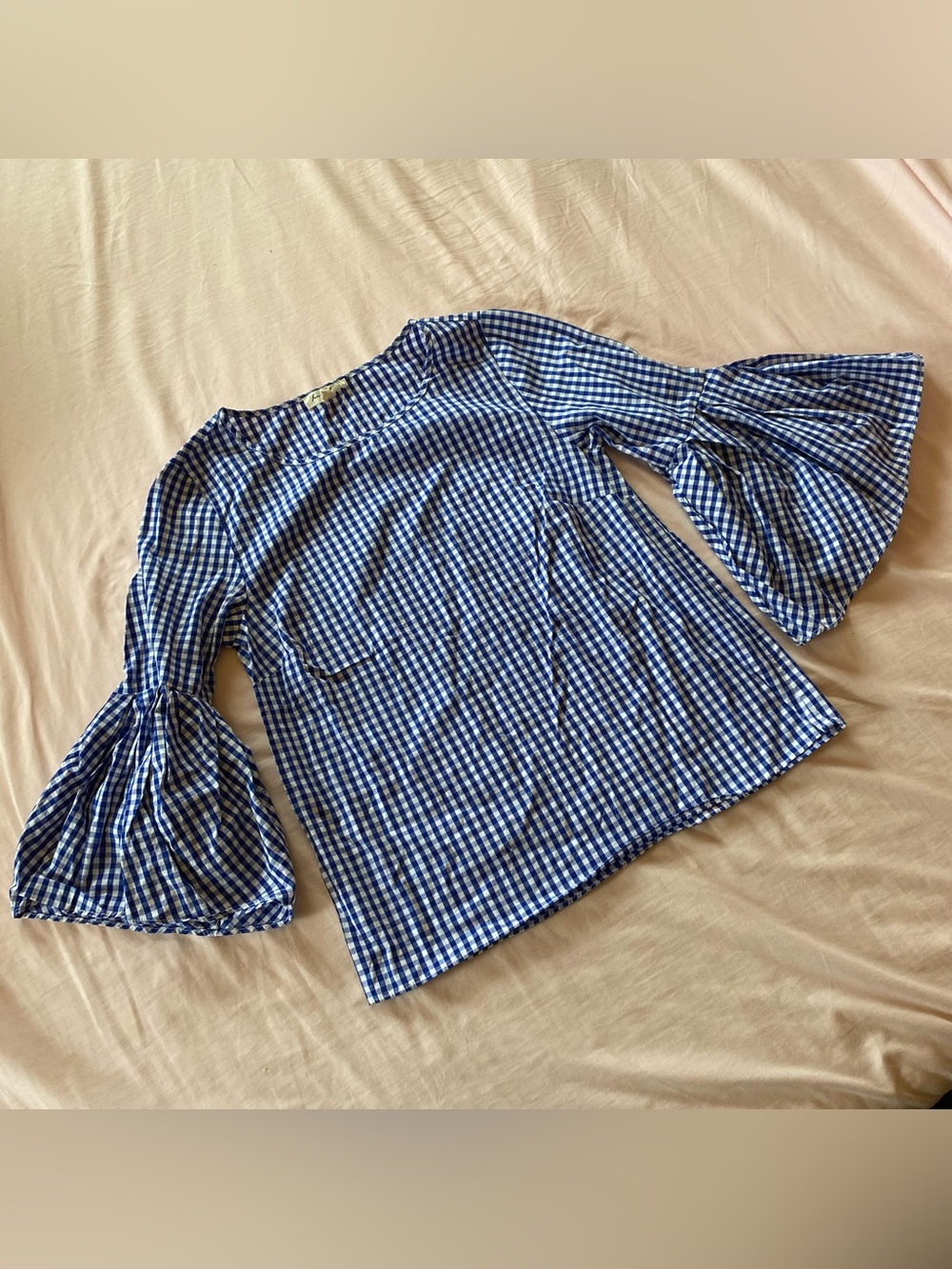 Jane and Delancey Blue & White Gingham Summer Coquette Bell Sleeve Blouse